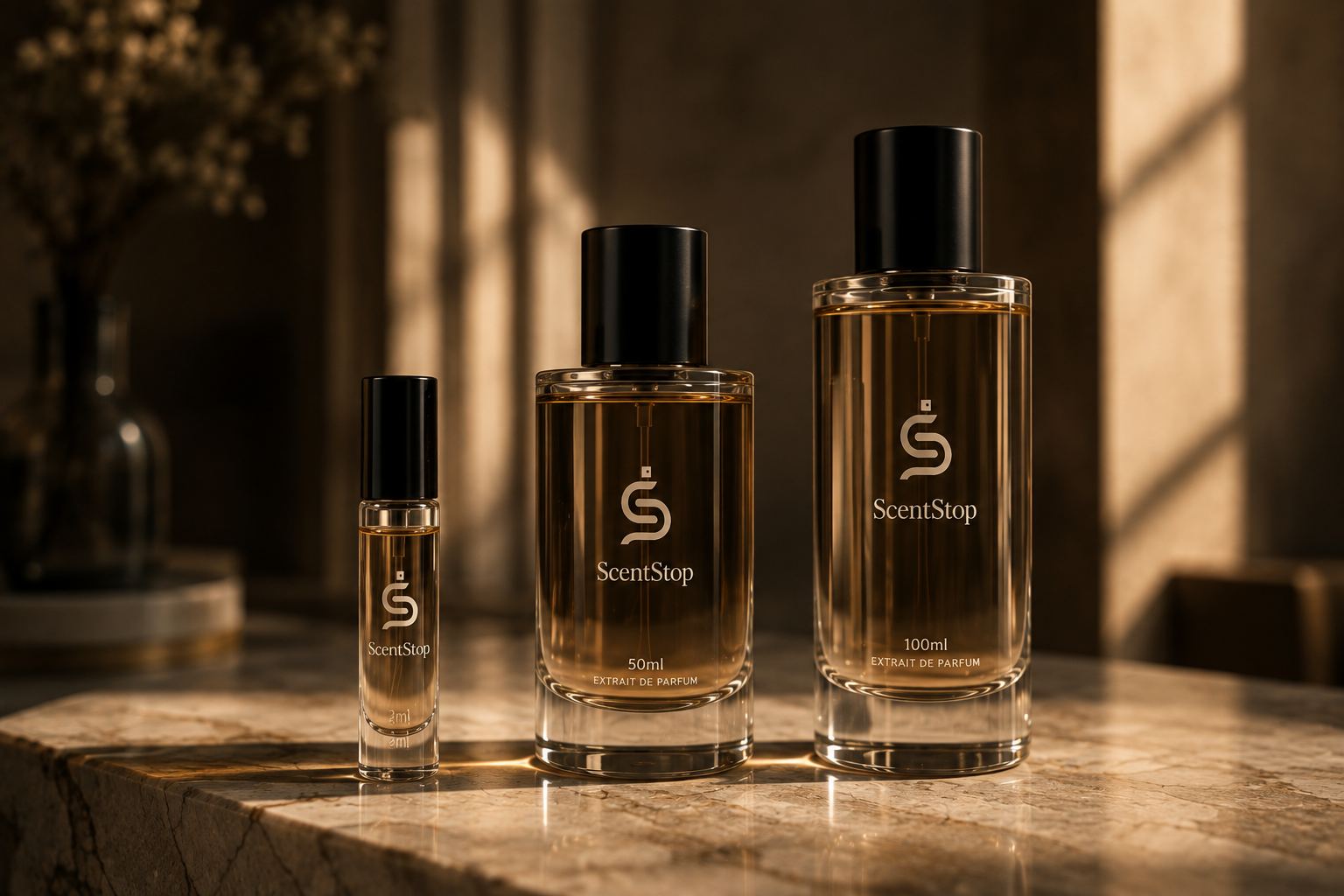ScentStop fragrance bottles in 2ml, 50ml and 100ml sizes arranged on marble