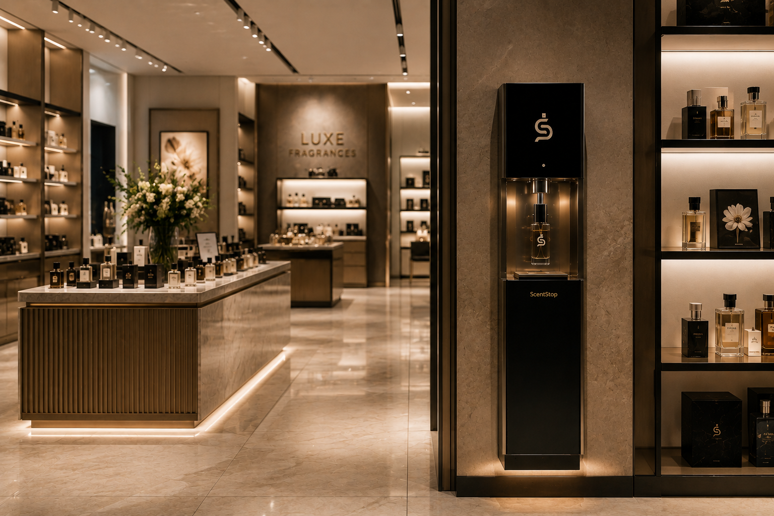 A ScentStop installation beside fragrance shelving in a premium retail boutique