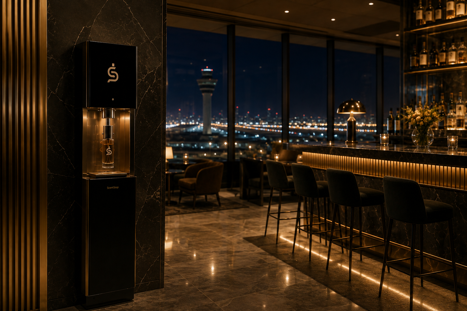 A ScentStop installation beside a marble column in a cocktail bar overlooking a city at night