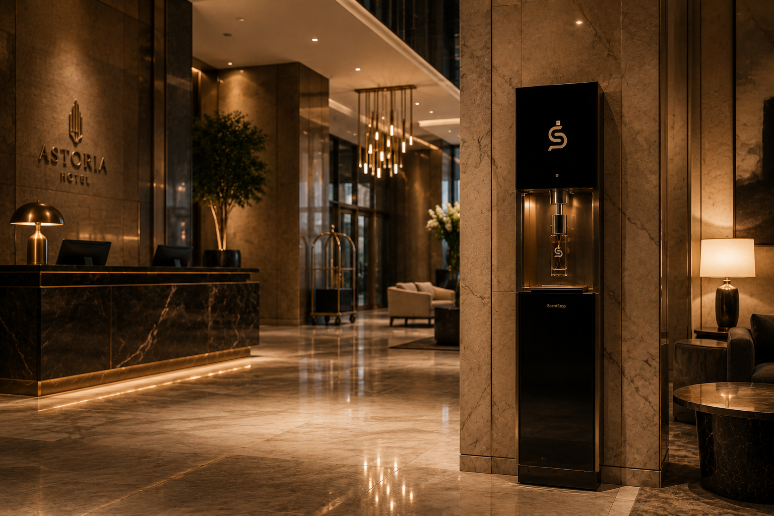 A ScentStop installation standing quietly against marble in the Astoria Hotel lobby