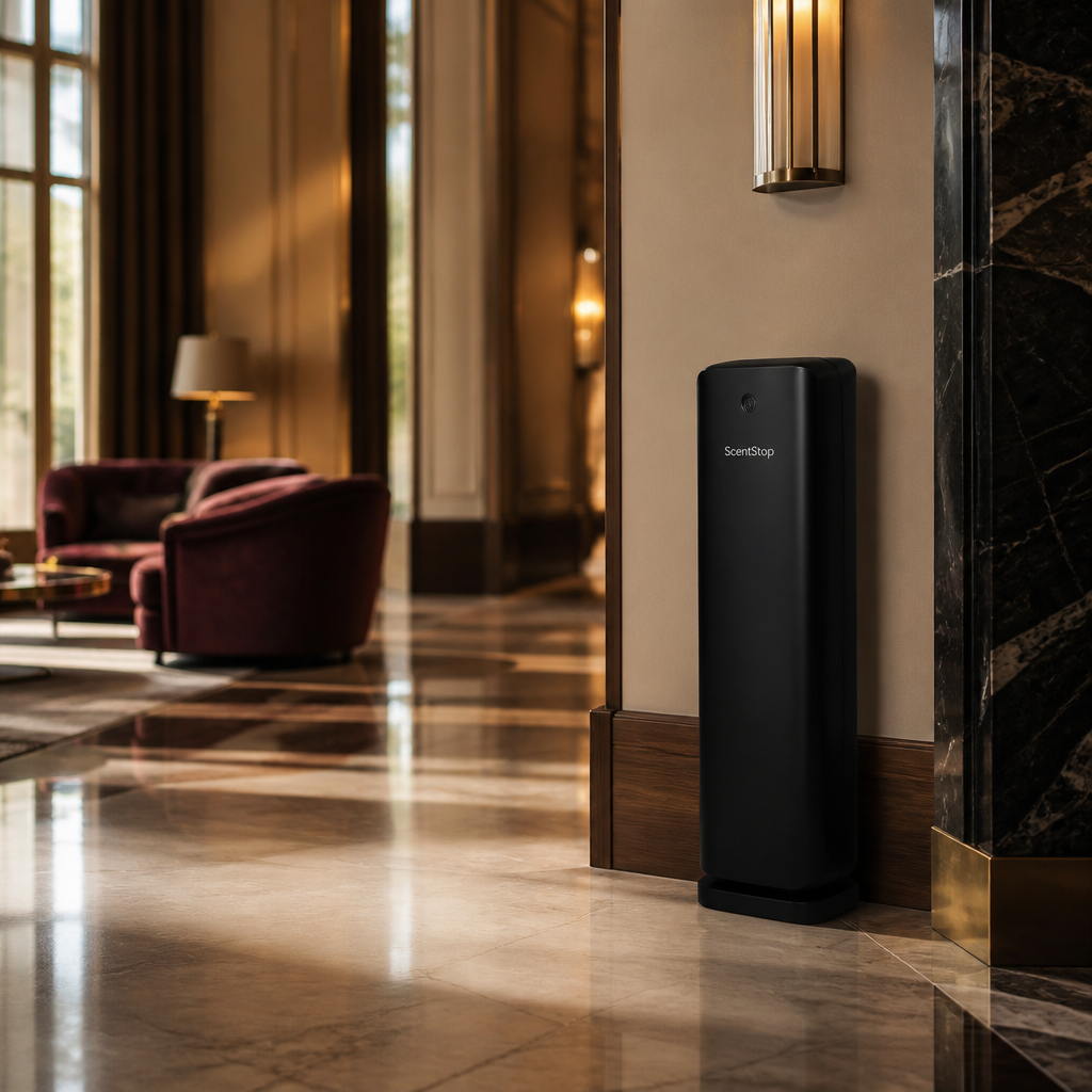 A ScentStop installation in a warm, sunlit hotel corridor