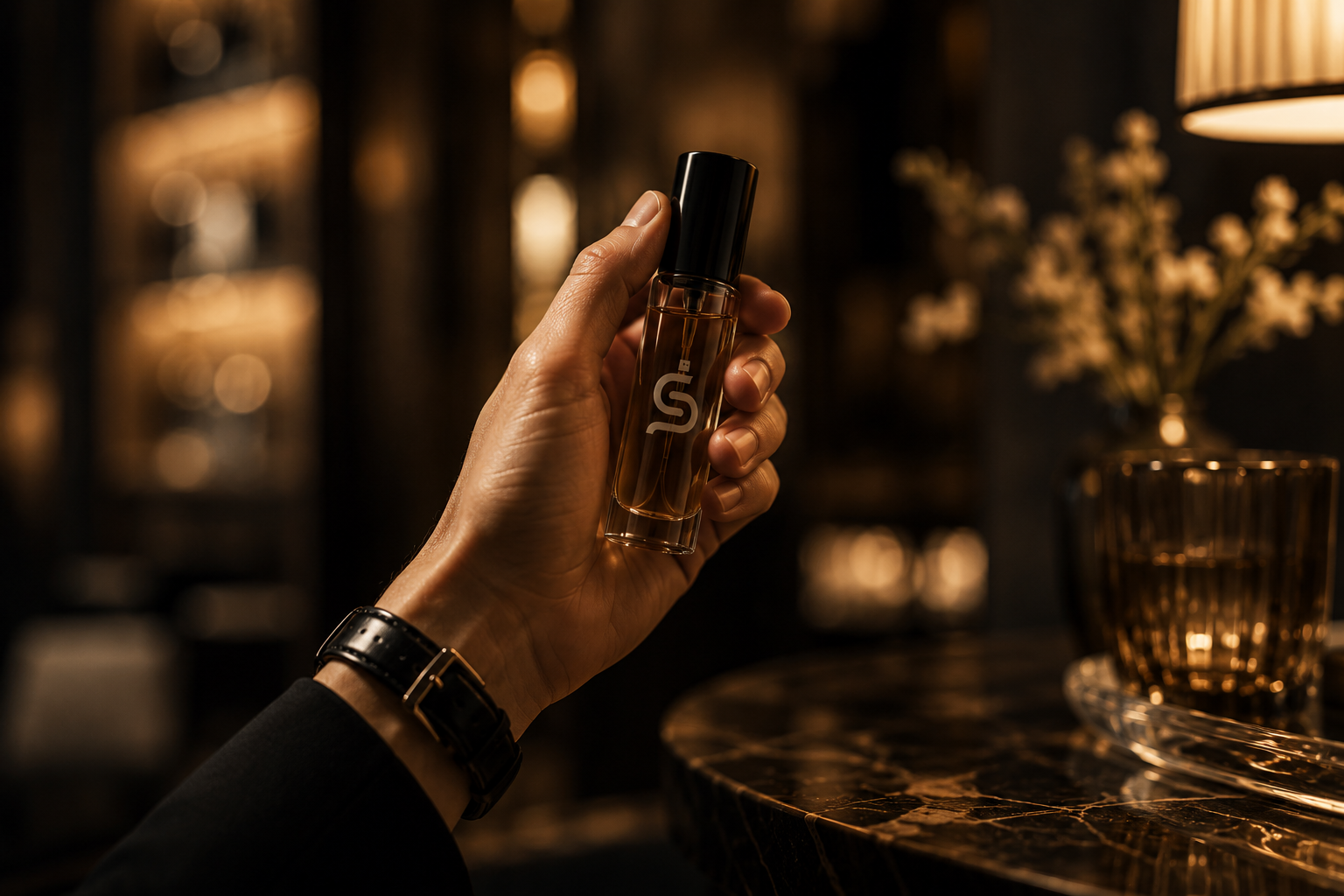 A hand holding a ScentStop fragrance vial in a warmly lit interior