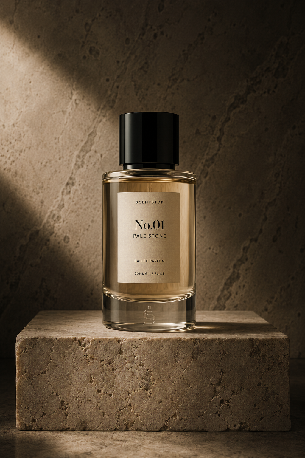 The ScentStop No.01 Pale Stone bottle on a travertine plinth in warm directional light