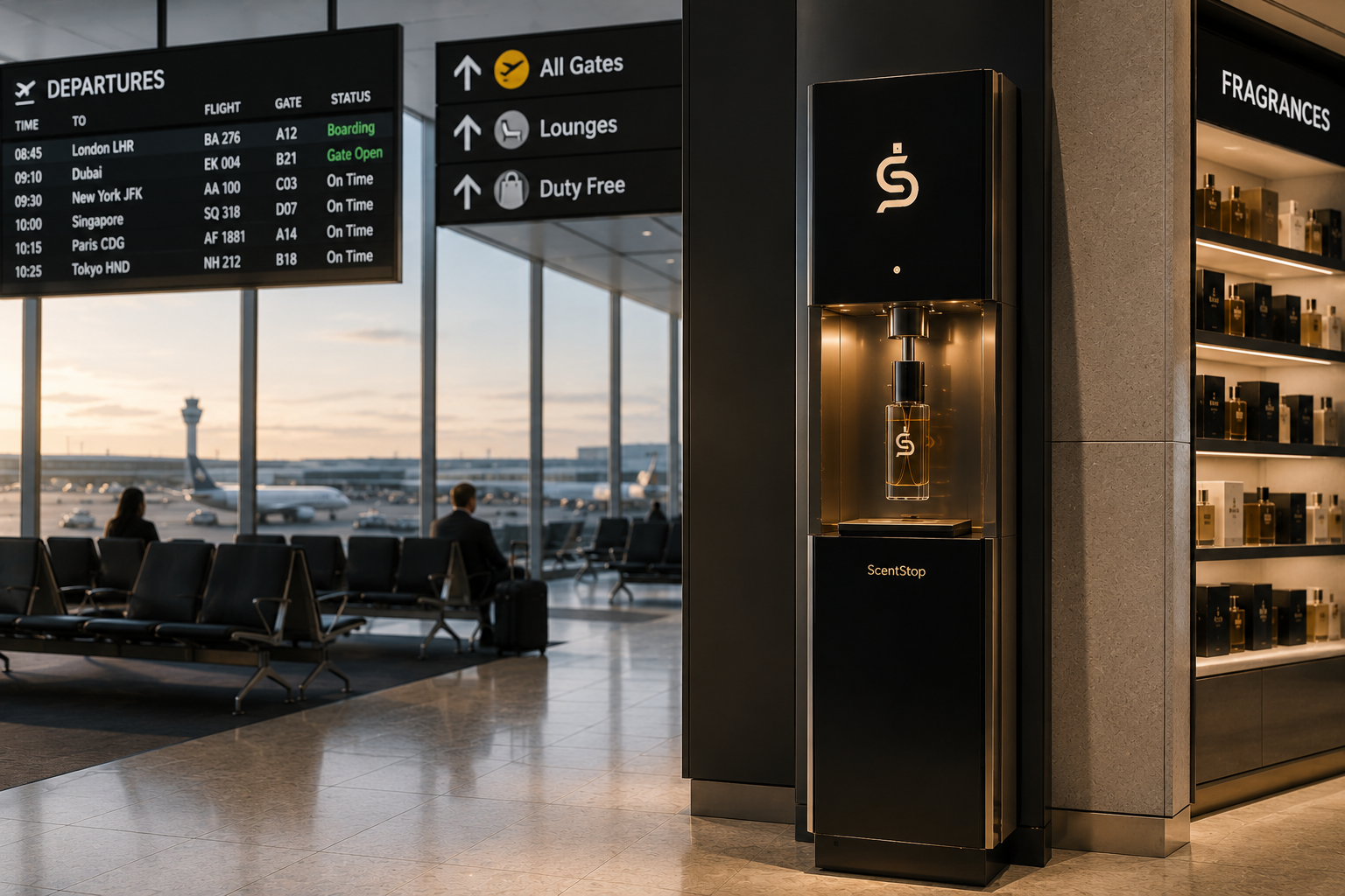 A ScentStop installation inside a modern airport terminal beside departure signage
