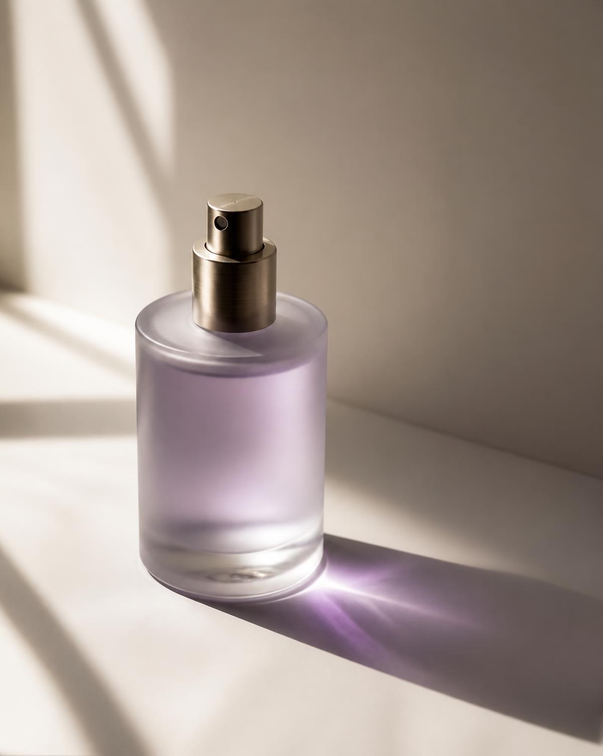 Frosted glass fragrance vessel resting on a travertine ledge