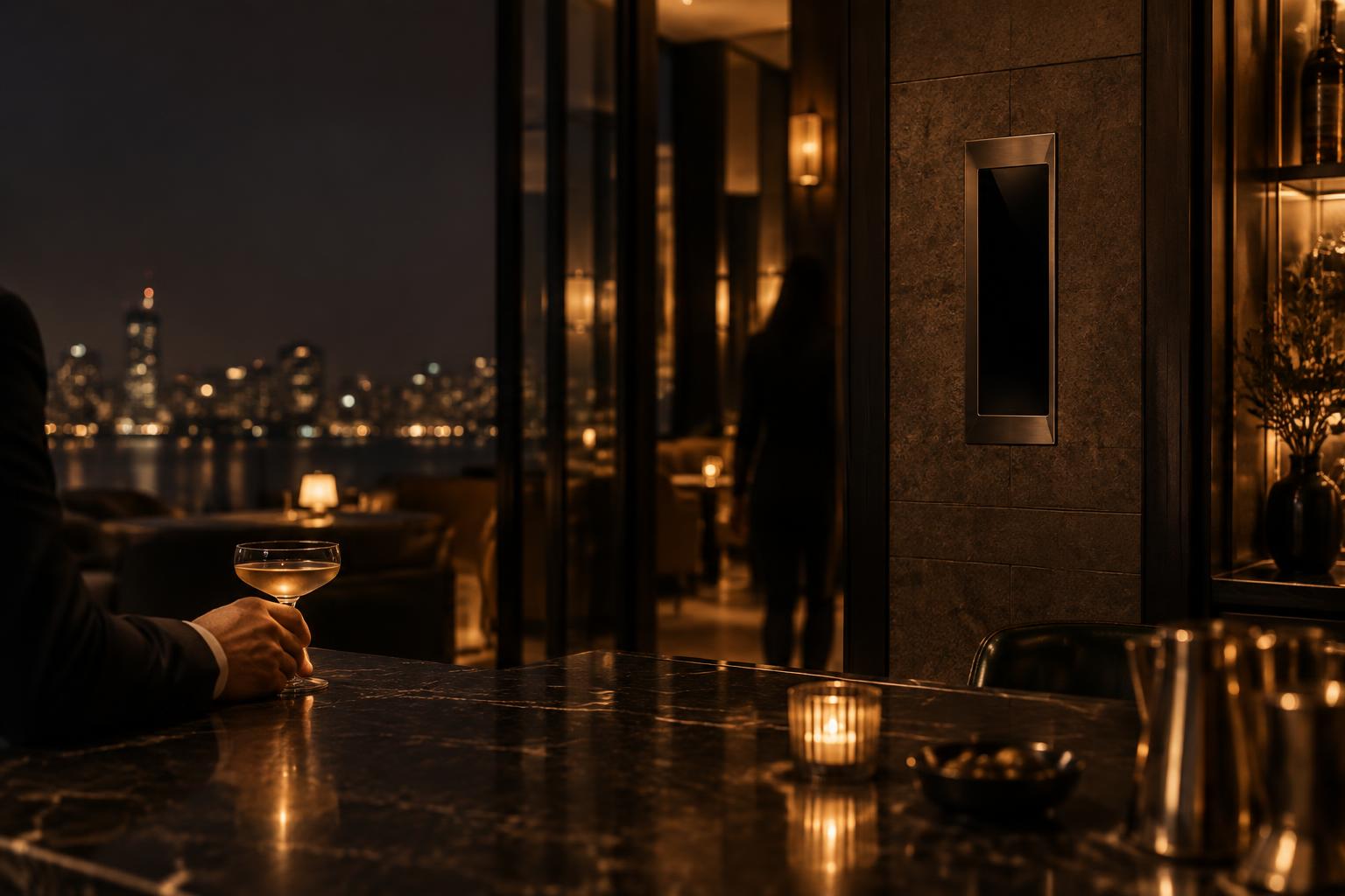 A dark cocktail bar after midnight, a hand resting on a coupe glass and a slim recessed screen set into the wall by the lounge